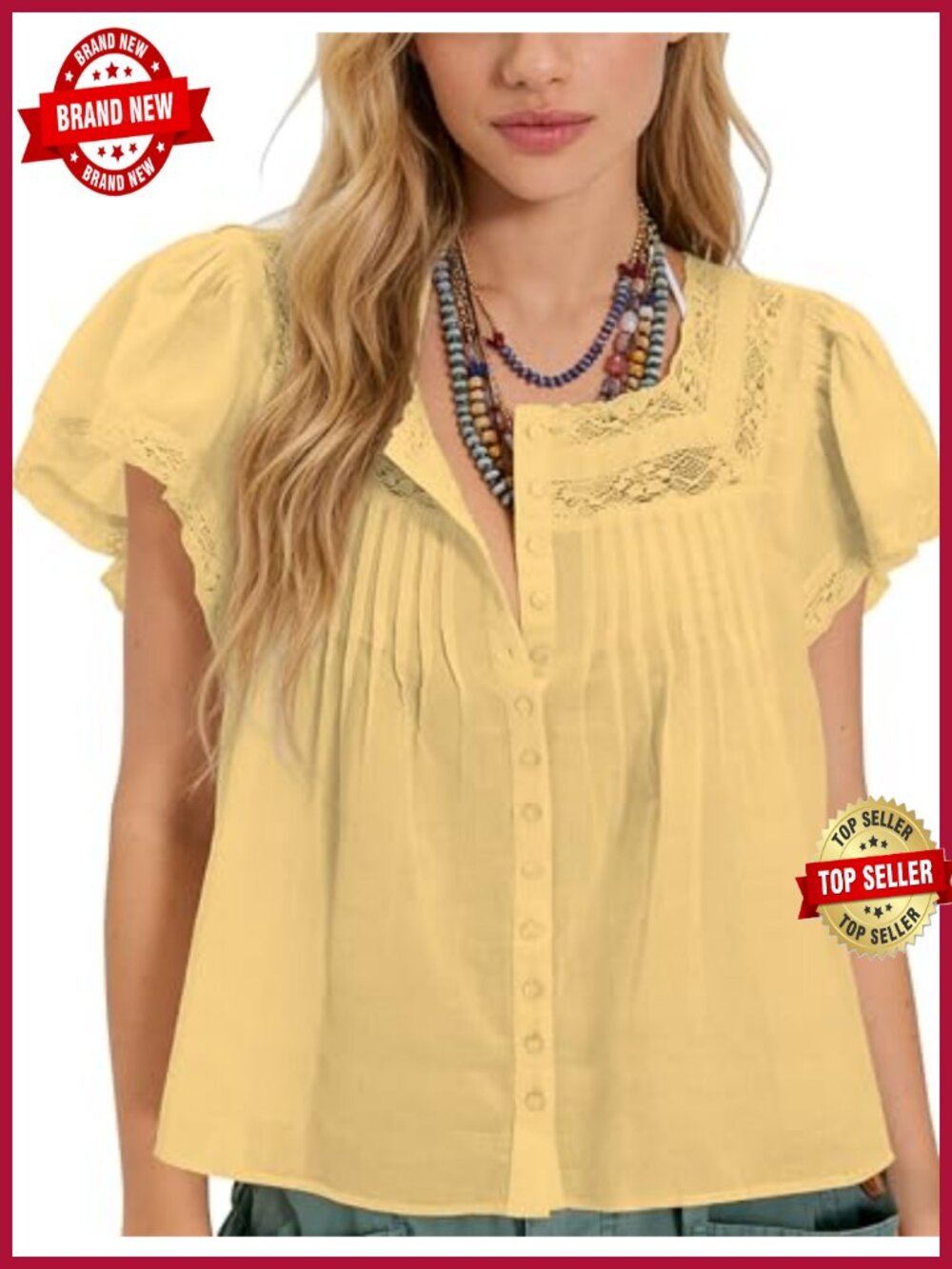 Boho Lace Trim Short Sleeve Button Down Semi Sheer Linen Blend Crop Top